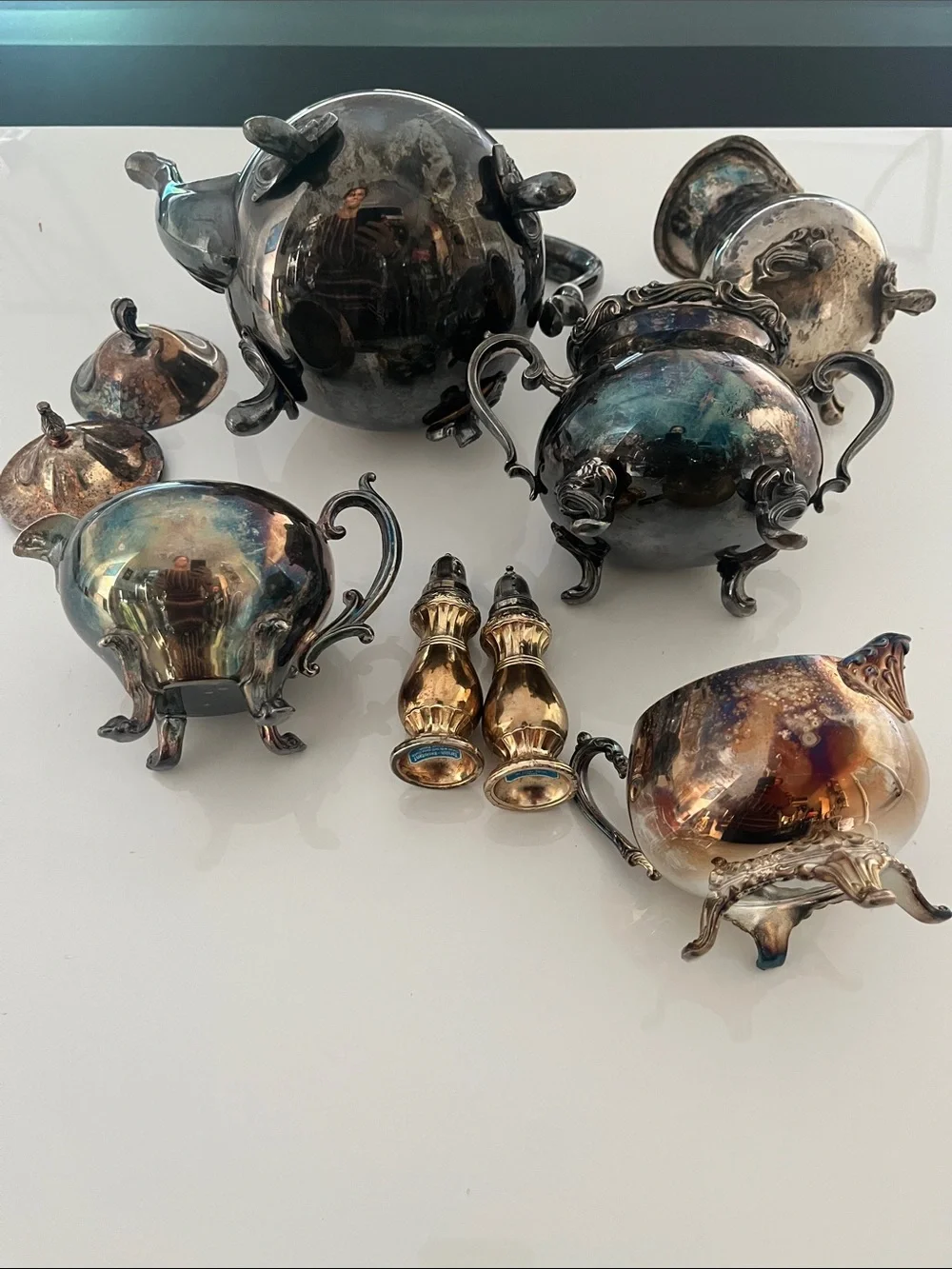 Antique Vintage Style Silver Tea Set - 5-Piece with Salt & Pepper Shakers